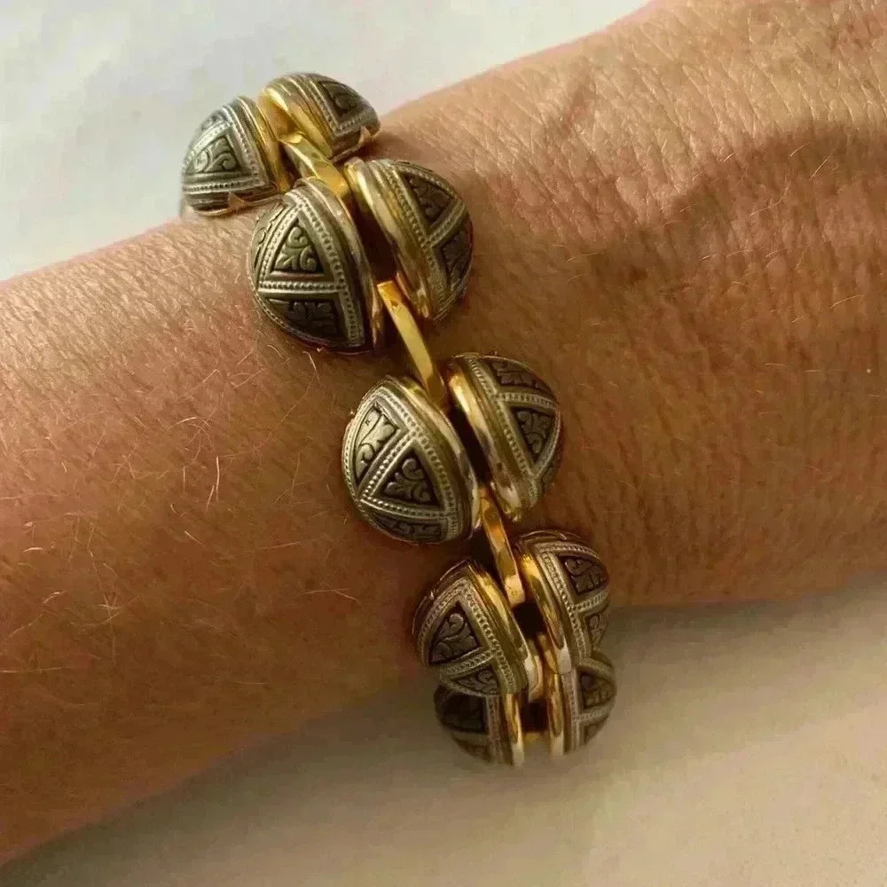 Vintage Savage Style Mid-evil Damascene Domed link bracelet 7” intricate design
